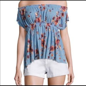 Free People off the shoulder blue floral flowy top